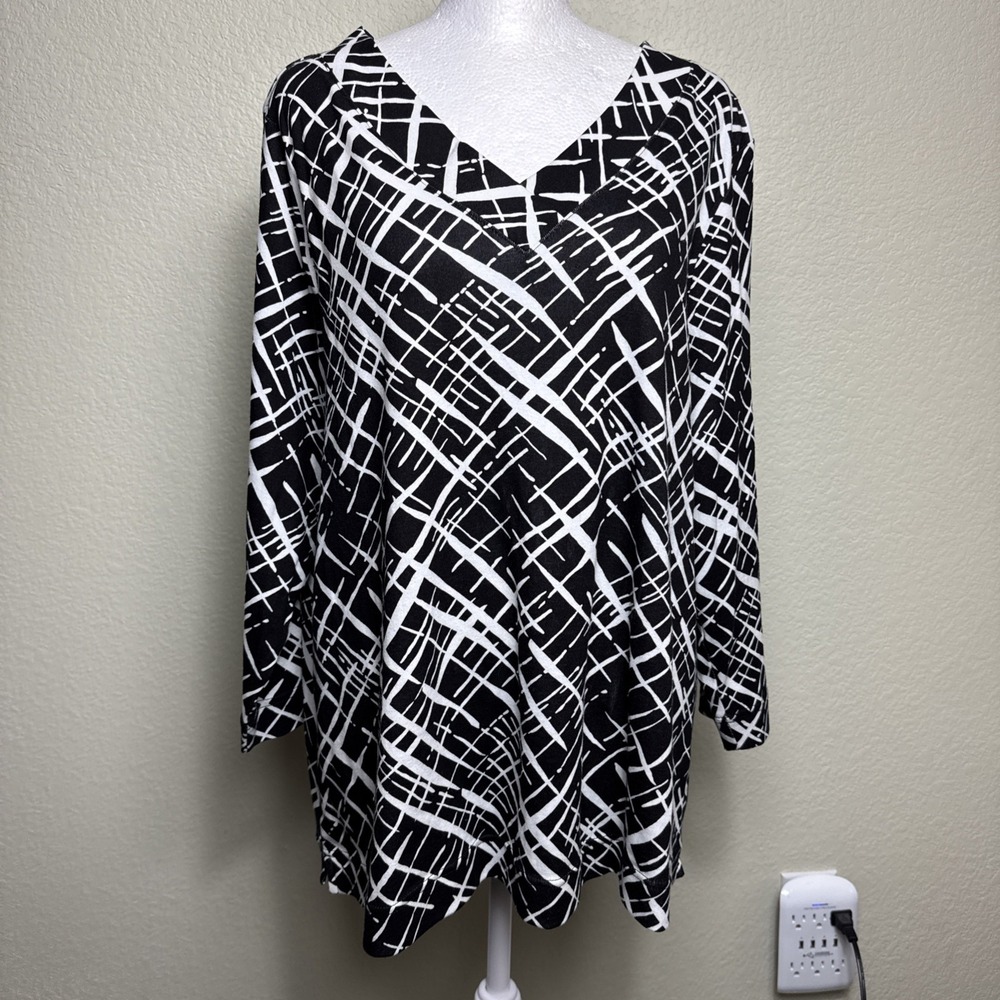 Chicos Top XL 3 Womens Blouse 100% Pima Cotton Geometric Criss Cross Print Shirt